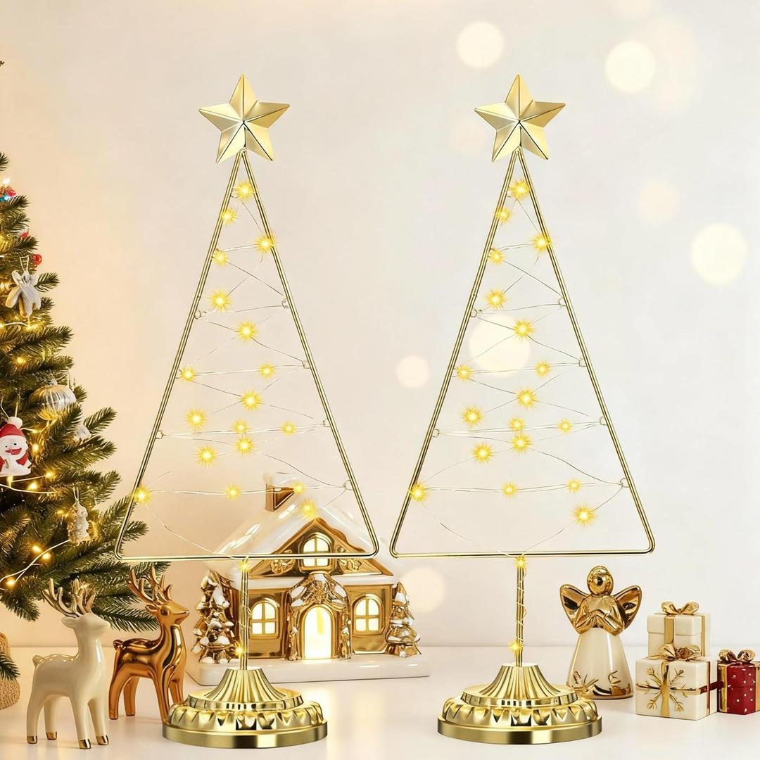 Set of 2 Lighted Christmas Tree Table Decoration with Golden Star Battery Operated Tabletop Prelit Mini Xmas Tree with LED Light up Desk Ornament for Home Mantel(Triangle,Gold)