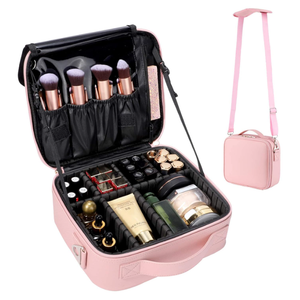 gzcz Large Capacity Travel Makeup Train Case 16.5 Inches Professional Makeup Cosmetic Case Portable Artist Cosmetics Brushs Organizer Storage Bag With Adjustable Dividers And Shoulder Strap (Black)