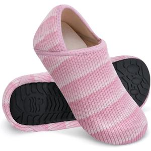 WateLves Womens & Mens Lightweight Cozy Faux Furry House Slippers Rubber Sole Slip On Sock Shoes Foldable Travel Slippers Indoor Outdoor (Stripe/ Pink, 38/ 39)