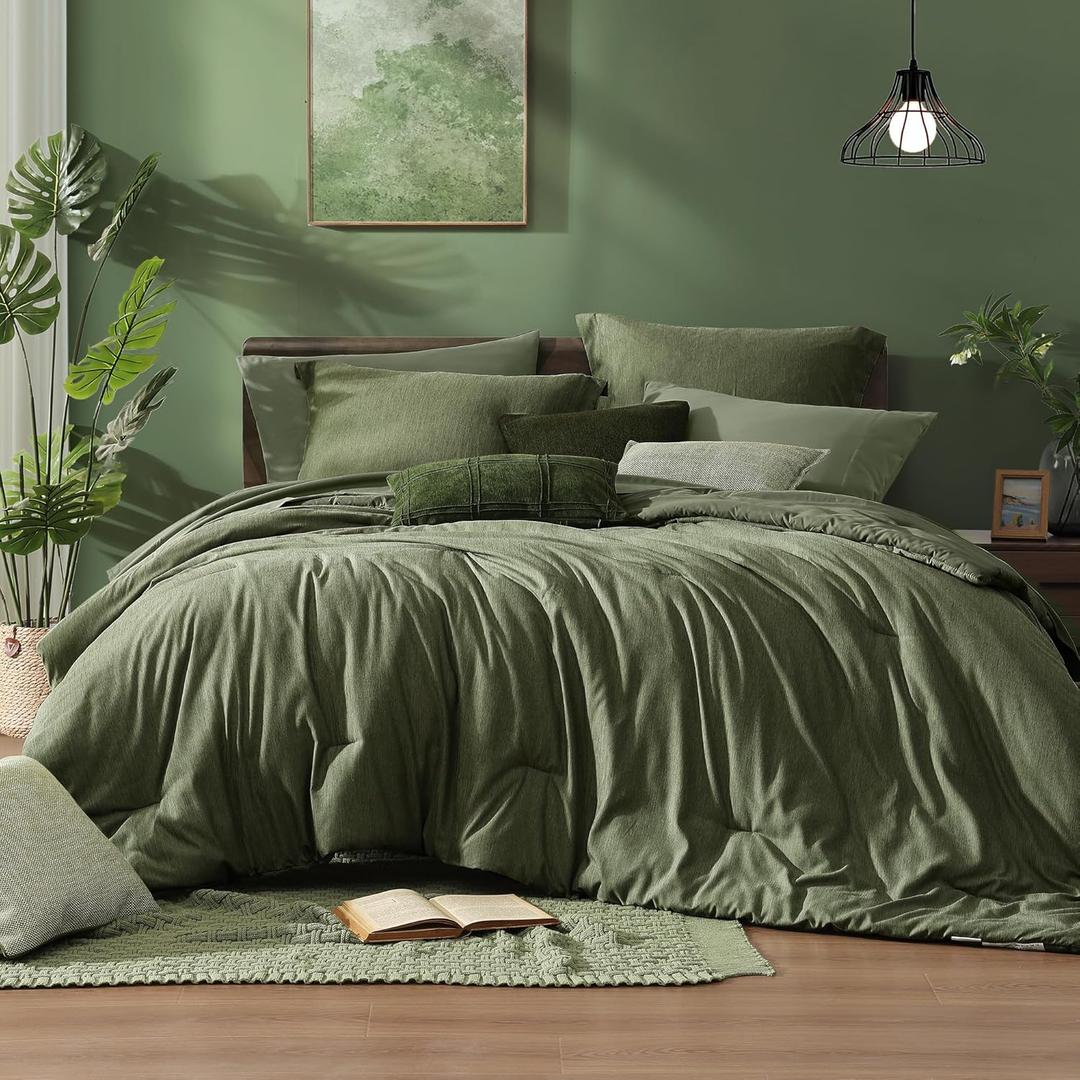 Monbix Queen Comforter Set  7 Pieces Cationic Dyeing Olive Green Bed in a Bag Queen Bedding Sets with Comforter, Sheets, Pillowcases & Shams, Reversible Bedding Comforters Sets