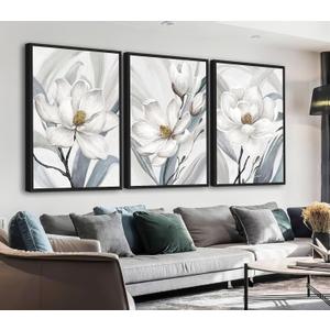 ASDCEUTICALS Framed Canvas Wall Art - Floral Aesthetic Wall Decor Delicate Magnolia Paintings Vibrant White Flowers Pictures Artwork for Living Room Bedroom Office Kitchen 16" X 24" X 3 Panels (Grey)