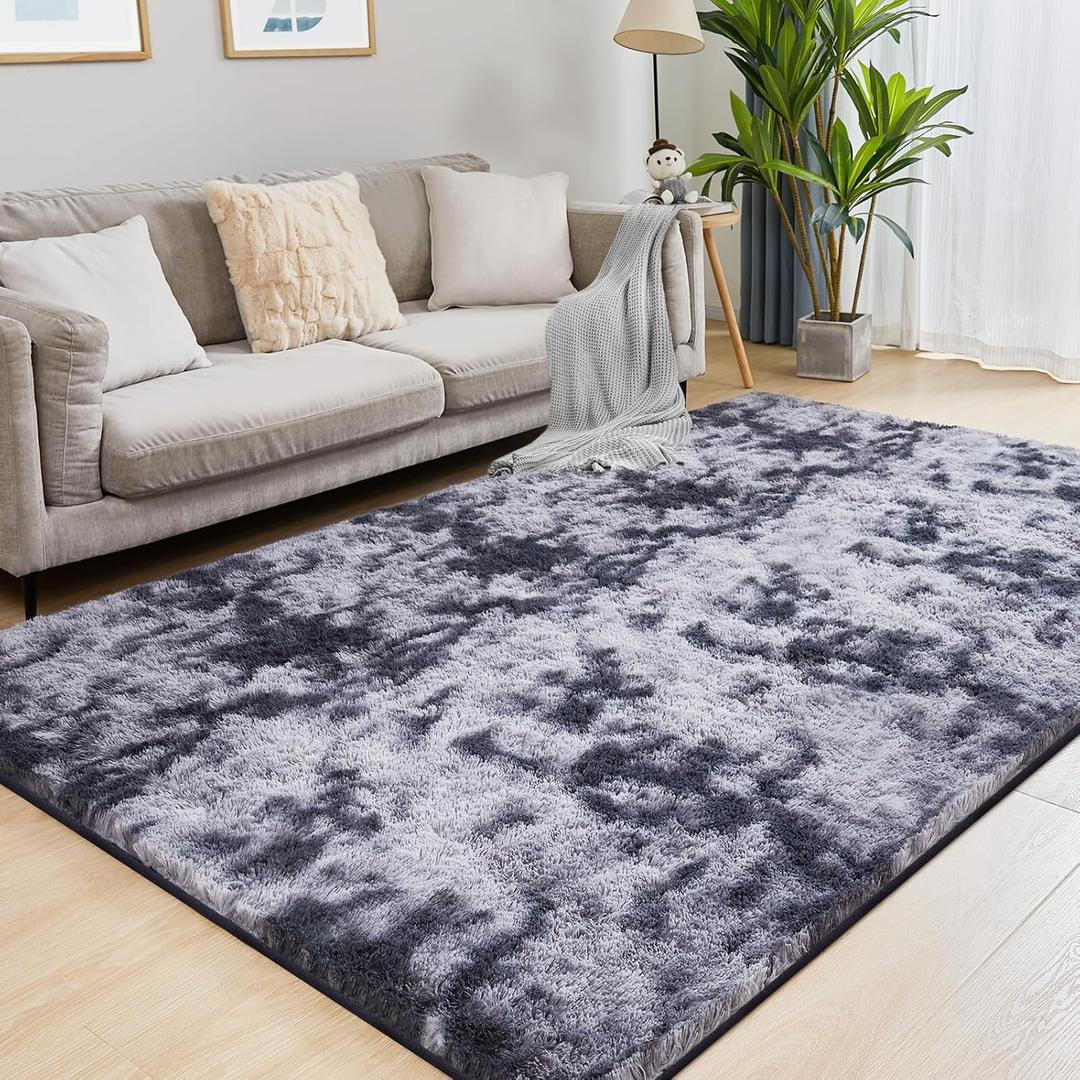 Ultra Soft Area Rugs for Living Room, 5x7 Tie-Dyed Dark Grey Fluffy Plush Rugs for Bedroom, Non-Slip Floor Carpet for Nursery Room, Bedside, Playroom, Corridor, Indoor Decor