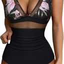 SUUKSESS Women Sexy Mesh Tummy Control Swimsuit Push Up High Waisted Bathing Suit (Large, 10 Tropical Floral Black)