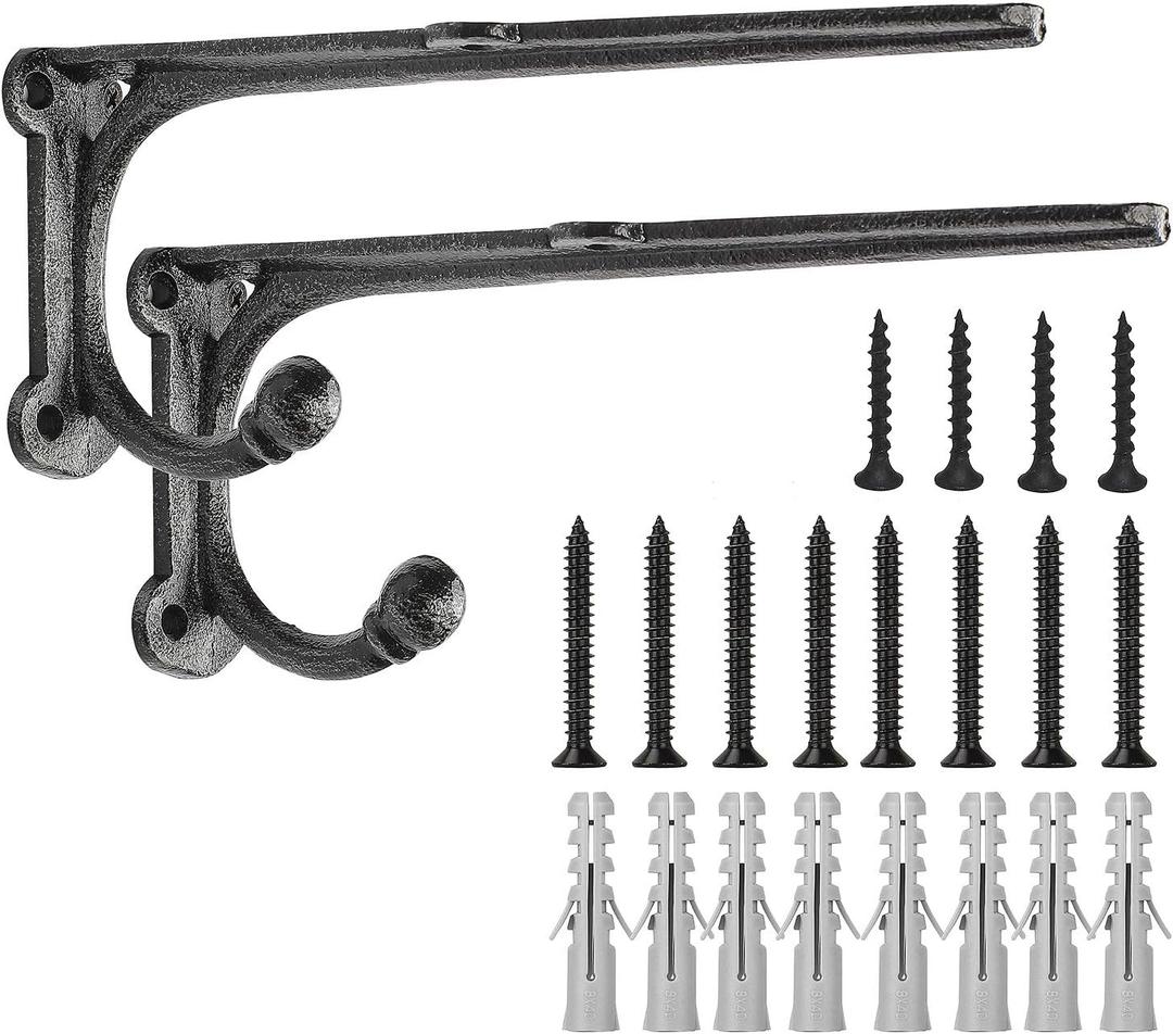 Metal Wall Shelf Brackets 8 Inch with Hooks Heavy Duty Brackets for Floating Shelves, Cast Iron Shelf Bracket Black 2 Pack