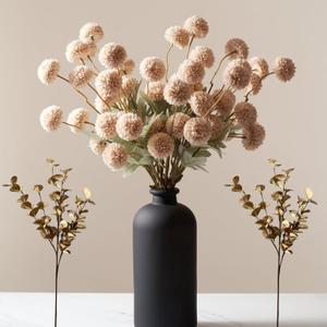 Beige Fake Flowers Silk 10 Mum Stems Eucalyptus Arrangement, Faux Flowers For Vase, Artificial Mums, Mini Floral Long Stem, Tan Nude Cream Neutral Floral, Chrysanthemum Pom Pom Floral Arrangement