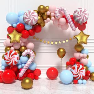 HOUSE OF PARTY Christmas Balloons Arch Kit - 110 Pcs | Pink, Baby Blue, Red, Gold Christmas Foil Balloons | Mylar Balloons with Candy Cane for Christmas Decoration (Vintage)