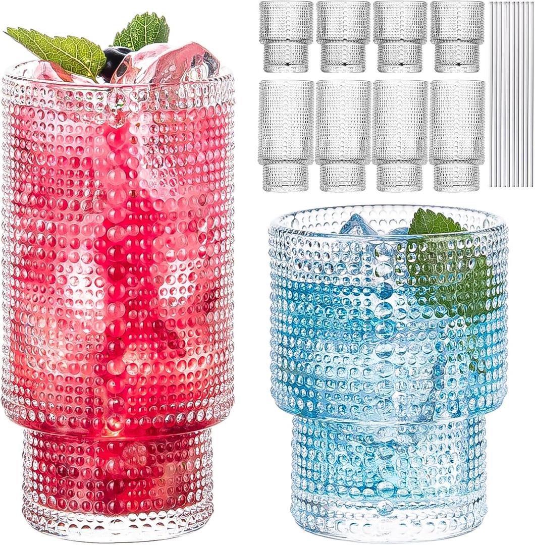 Hobnail Drinking Glasses, 8 pcs Glass Cups with straw, 4 Highball Glasses & 4 Rocks Glasses,Elegant Ripple Vintage Glassware, Ribbed Glasses, Iced Coffee Glasses for Cocktail Whiskey