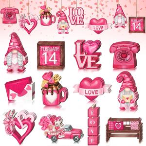 Spiareal 36 Pcs Valentine's Day Wooden Ornaments Pink Valentines Tree Christmas Decorations Gnome Truck Heart Love Hanging Decor Holiday Wood Cutouts Valentines Day Decor for Small Tree Home Craft