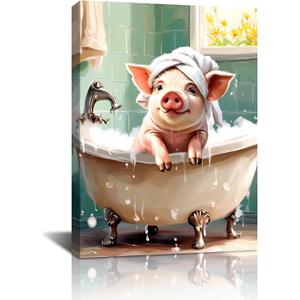 Funny Bathroom Pig Wall Art,Pink Pig Canvas Wall Art,Rustic Farmhouse Bathroom Wall Decor Framed Funny Animal Pictures Wall Decor for Kids Restroom Home Decor 12''x16''inch