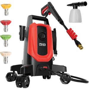 MZK Pressure Washer, Power Washer with Anti-Tipping Technology, 4 Wheels, 4 Quick Connect Nozzles, Soap Bottle, for Cars, Fences, Driveways, Patios, Home & Outdoor Cleaning - Deep Red