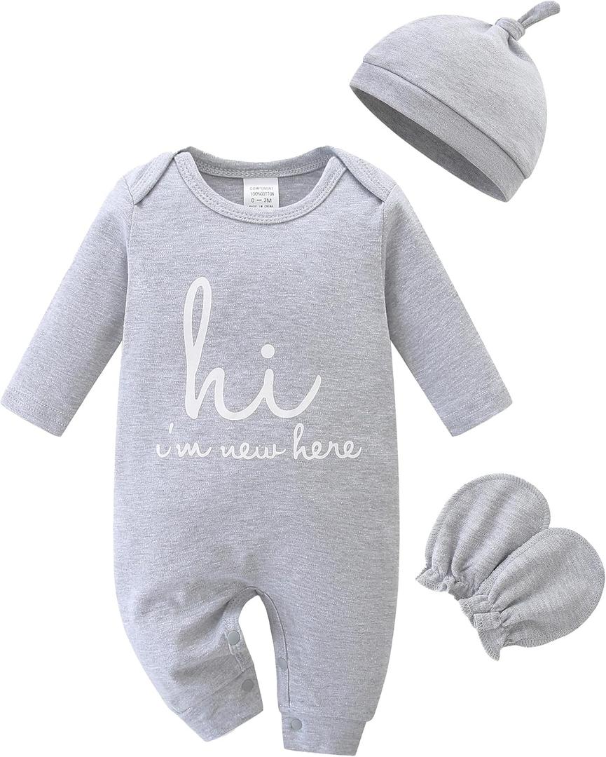 Cute Newborn Unisex Baby 100% Cotton Long Sleeve Onesie Coming Home Outfits,Soft Romper with Mittens & Hat (Gray)