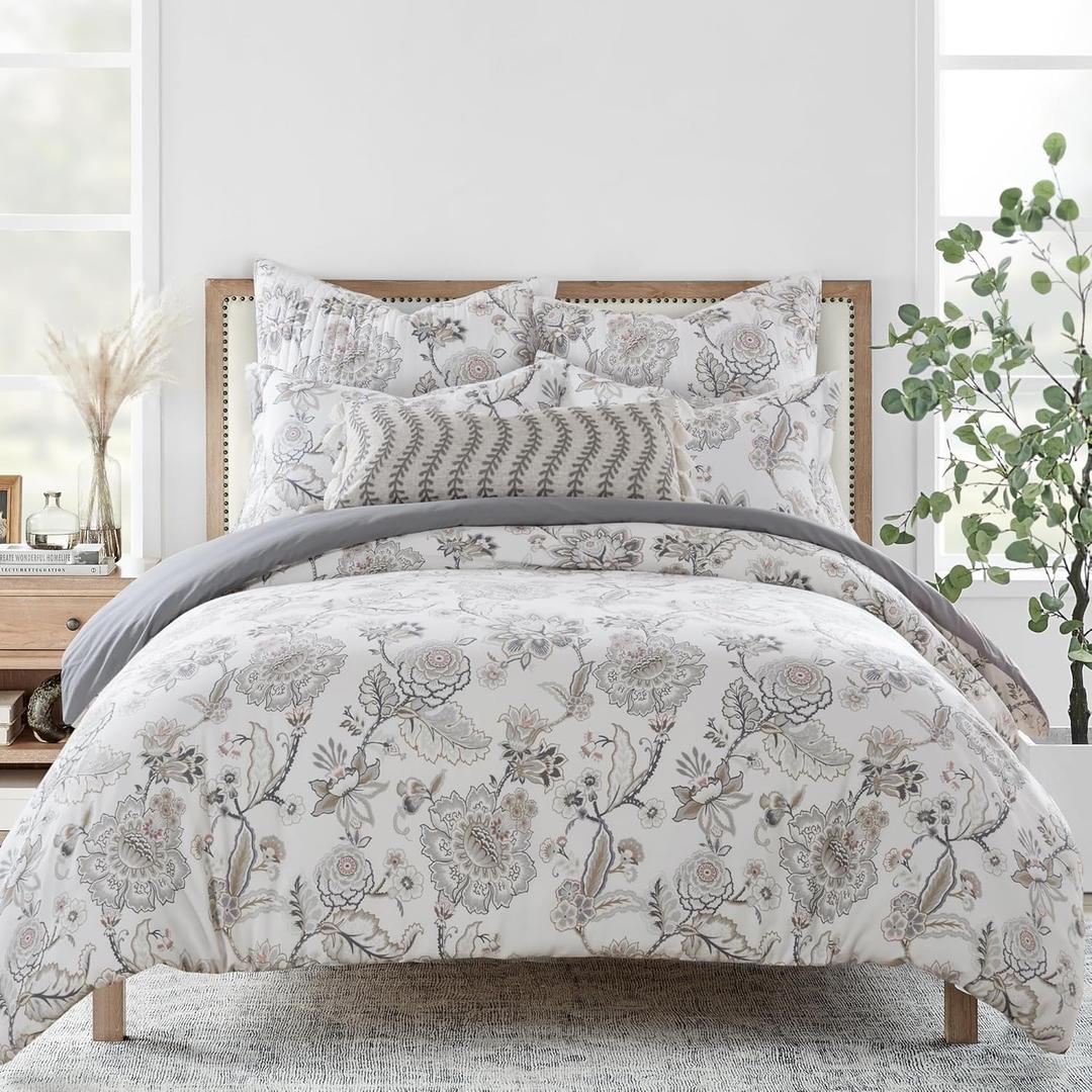Levtex Home Ophelia Blush Reversible Full/Queen Comforter Set (90x94in) with 2 Pillowcases (26x20in) - Floral Bedding - Blush, Grey - Rayon Full/Queen Size Comforter Set - Soft, Pre-Washed