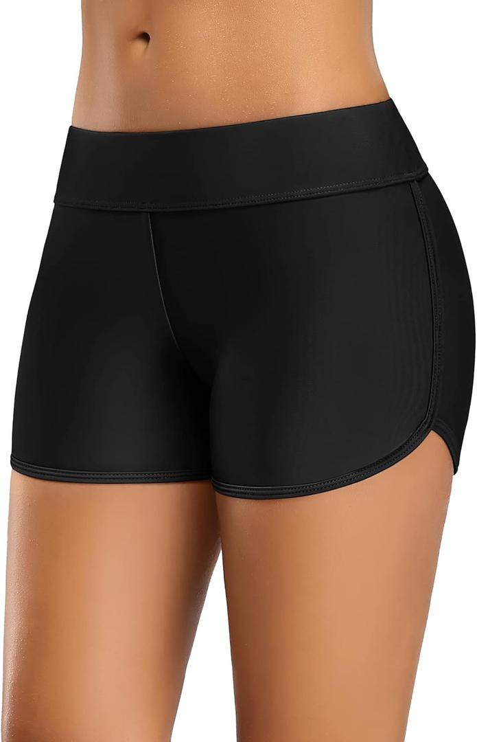 ALove Swim Shorts Womens Stretchy Sporty Bathing Suit Bottoms Side V Slit Boyshorts Swimsuit Board Shorts (Medium, Solid Black)