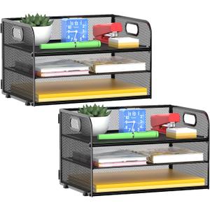 3-Tier Paper Letter Organizer Tray with Handle, Mesh Desk File Organizer for Office, Home, School - 2 Pack, Black