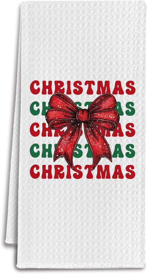 IRTAGANNY Red and Green Coquette Bow Christmas Kitchen Towels, Preppy Xmas Dish Tea Towels for Kitchen, Retro Holiday Christmas Bowknot Decorative Hand Towel for Bathroom, 16x24 Inch