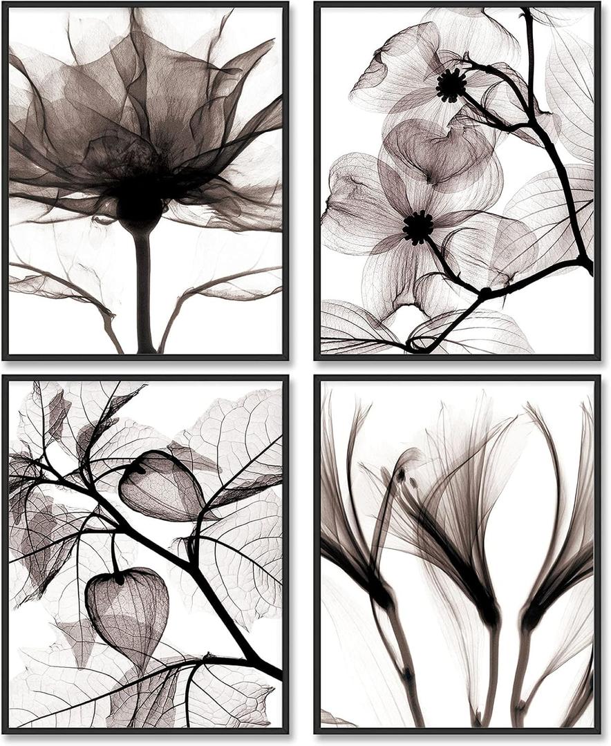 Black and White Wall Art Prints Posters Decor, 8x10 Canvas Prints Unframed Set of 4, Botanical Prints Poster Modern Plant Paintings for Wall Decorations