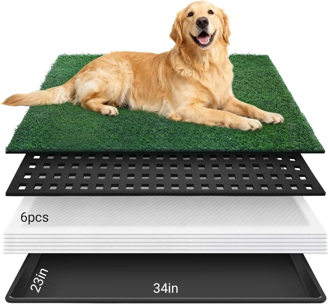 Dog Grass Mat with Tray, 34"x23" Artificial Grass Pee Pads for Dogs Turf Toilet, Reusable Potty Pads for Dogs with 6 Disposable Urine Mats, Indoor/Outdoor Toilet Training EVA Waterproof Base XL