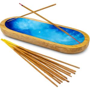 TOSQP27 Incense Burner Holder Ash Catcher for Sticks, Home Incent Burner Wooden Handmade Modern Gift Wood Decor  Blue Resin Art Tray | for Aromatherapy, Meditation, Yoga & Home Fragrance Decorative