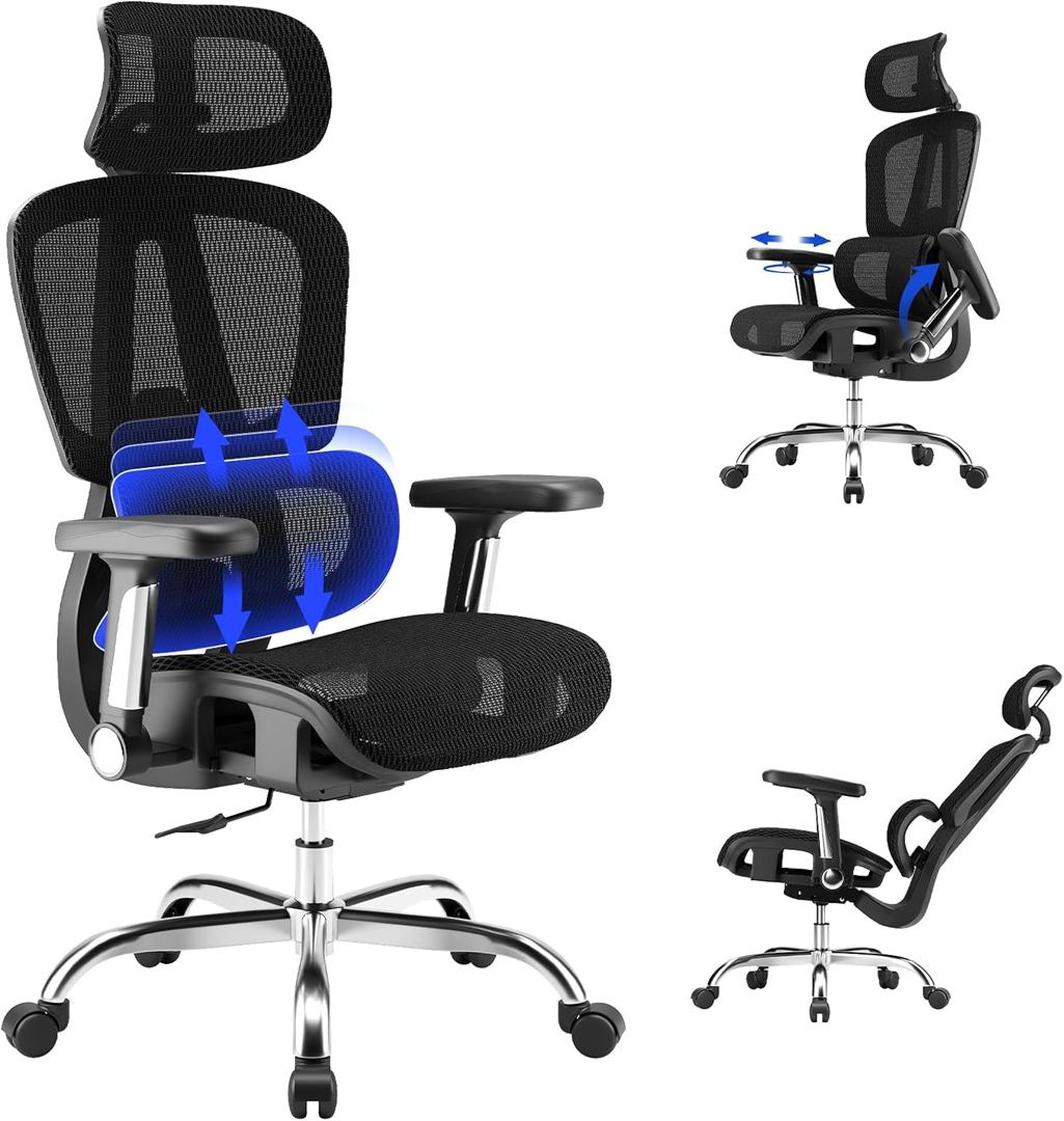 Mesh Office Chair, Ergonomic Office Chair, Home Office Desk Chairs with Headrest, 90-135° Tilt Lock and Breathable Backrest & Lumbar Support, 5D Armrest, Computer Chairs (Large Chair)
