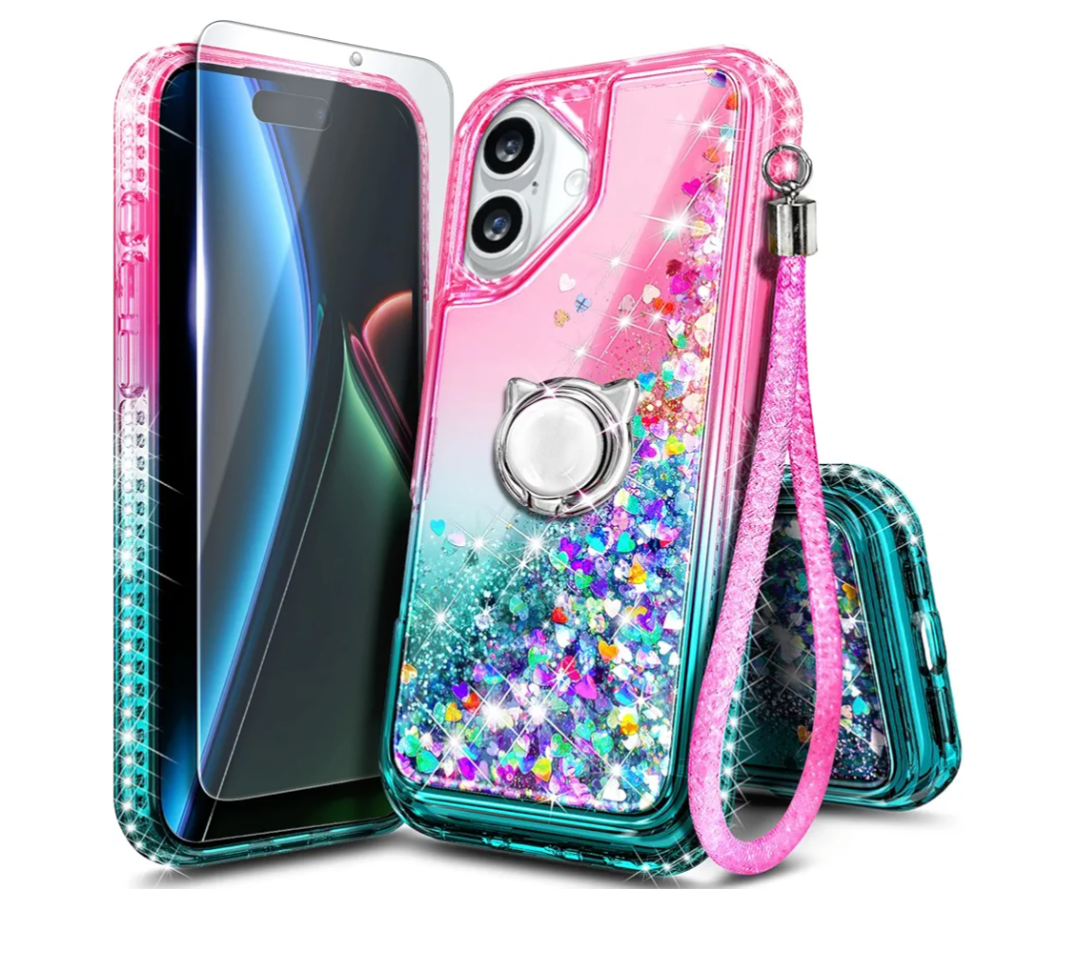 NGB Designed for iPhone 17 Case, Pink/Aqua | Glitter Liquid Sparkle Cute Phone Cover for Women Girls Kids | with Tempered Glass Screen Protector & Ring Holder & Wrist Strap Lanyard