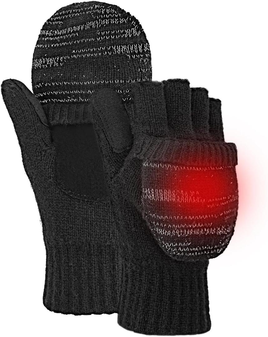 Flip Winter Gloves, Wool Fingerless Gloves for Women Men Cold Weather, Mittens with Reflective for Christmas (Large-XLarge, Black)