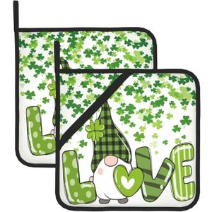 St Patrick's Day Gnome Pot Holders Set of 2 Shamrock Green Clovers Kitchen Decorative Heat Resistant Potholder Cotton Lining Oven Hot Pads for Cooking Baking Microwave Oven End Dishes BBQ Gifts