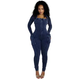 Women's Jumpsuits Casual Romper Pants Sexy Long Sleeve V Neck Top Bodycon Pant Two Piece Outfits Set (Medium, Blue)