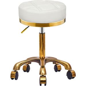 Gold Rolling Vanity Stool with Wheels (White, Without Back) Padded Seat Heavy Duty Stools, 360° Rotation Adjustable Round Rolly Chair, Silla de Pedicura Salon Spa Massage Esthetician, 14"D x 14"W x 22"H