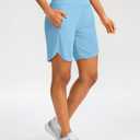 Soothfeel Women's 7" Athletic Running Long Shorts with Pockets High Waisted Bermuda Shorts for Women Workout Walking Casual (Blue, XL)