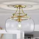 WUZUPS Chandelier Rustic Farmhouse Industrial Round Semi-flushmount Ceiling LED Light Fixture with Clear Glass Shades for Bathroom Kitchen Foyer Entryway, H 11.8" x W 13.4", E26 Base, Gold (Ceiling Light, Gold)