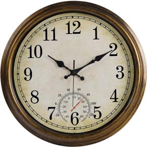 16 Inch Large Outdoor Clock, Waterproof Wall Clock with Thermometer, Battery Operated Silent Non-Ticking Vintage Wall Clock Quartz Round Clock Home Decor,Brown