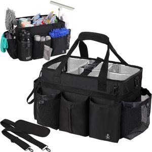 Large Wearable Cleaning Caddy Bag with Detachable Divider, Cleaning Organizer with Handles, Cleaning Supply Tote with Adjustable Shoulder Strap&Waist Belt for Cleaners & Housekeeper (Black)