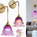 Vintage Battery Operated Wall Sconce with Purple Flower Lampshade Set of 2,Rechargeable Wall Sconce Lights with Remote Control RGB Dimmable Wireless Wall Lamp for Home Decor, Housewarming Gifts