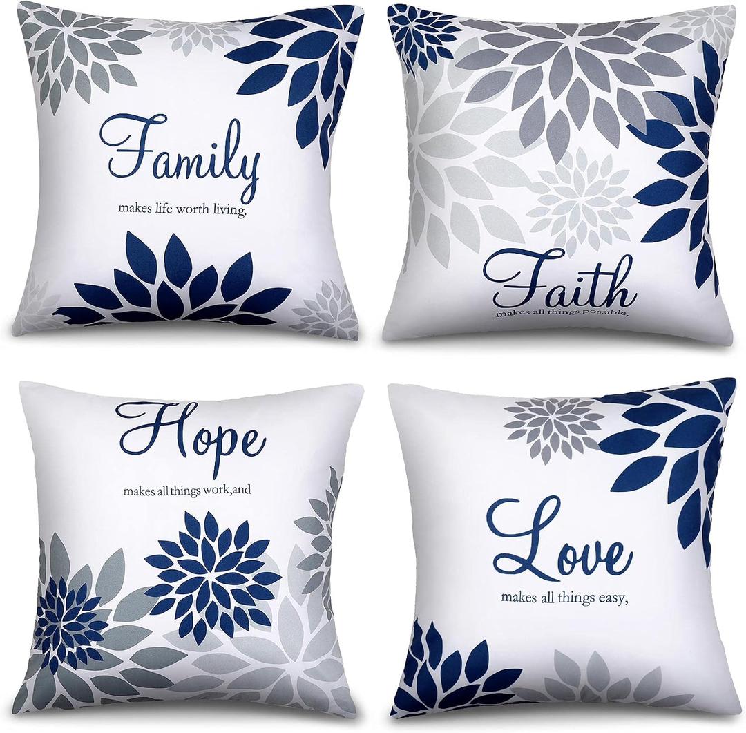Tatuo 4 Pcs Flower Pillow Covers Square Summer Pillow Cushion Cases 18 x 18 Inch Family Faith Hope Love Words Decorative Spring Winter Cushion Case for Bed Couch Sofa Living Room(Gray Series)