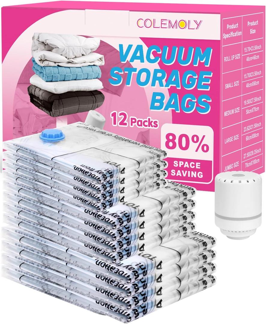 Colemoly Vacuum Storage Bags with Electric Air Pump 12 Pack Space Saver Vacuum Seal Bags for Clothing, Travel Essentials, Storage and Organization, Moving Supplies(4 Jumbo/ 4 Large/ 4 Medium)