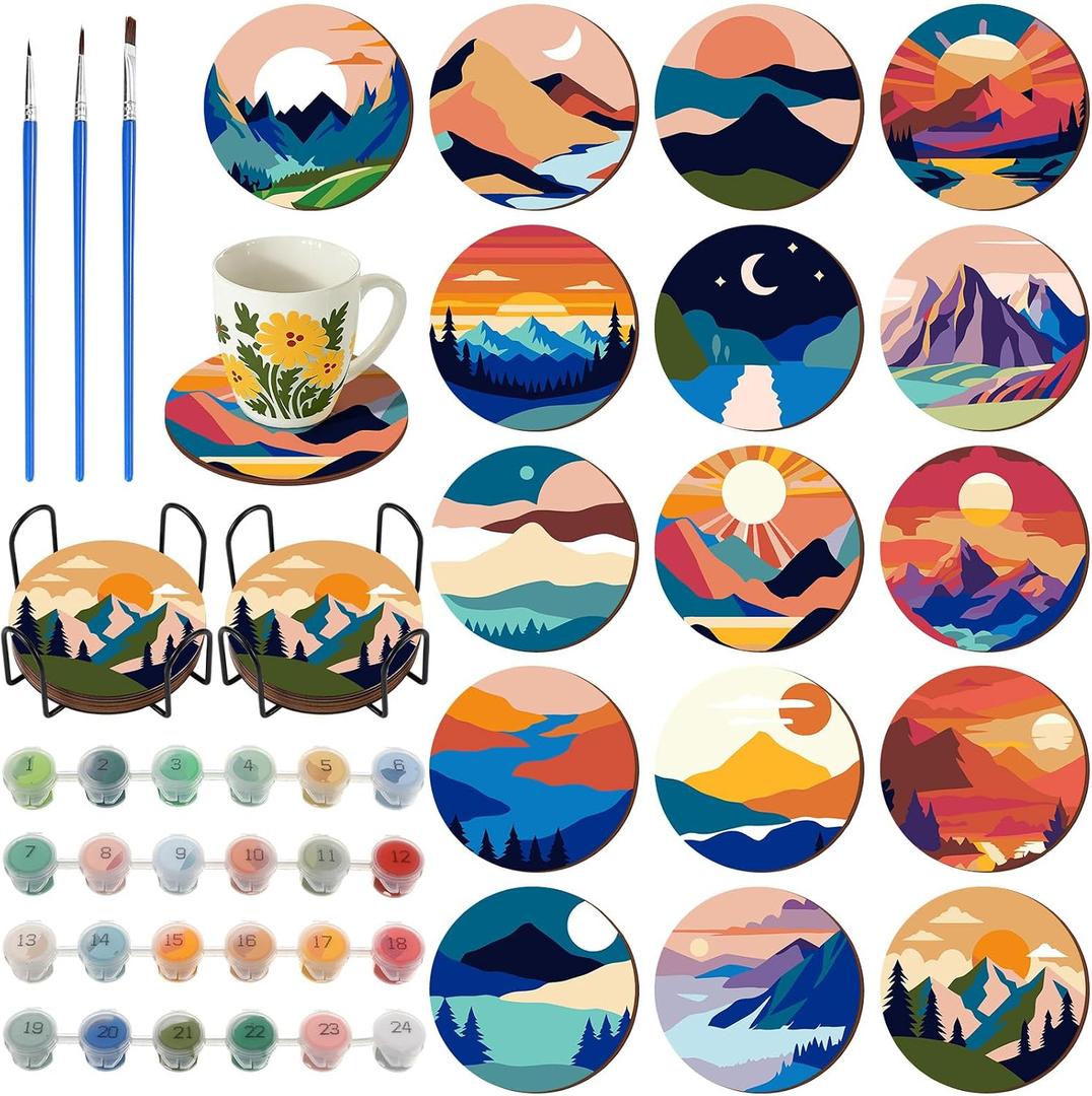 Reallnaive 8 Pcs Mountain Paint by Numbers Kit for Adults Cute Coasters with Holder Mini Paint by Numbers Kits Round Oil Painting Drink Coaster for Small DIY Craft Birthday Gift
