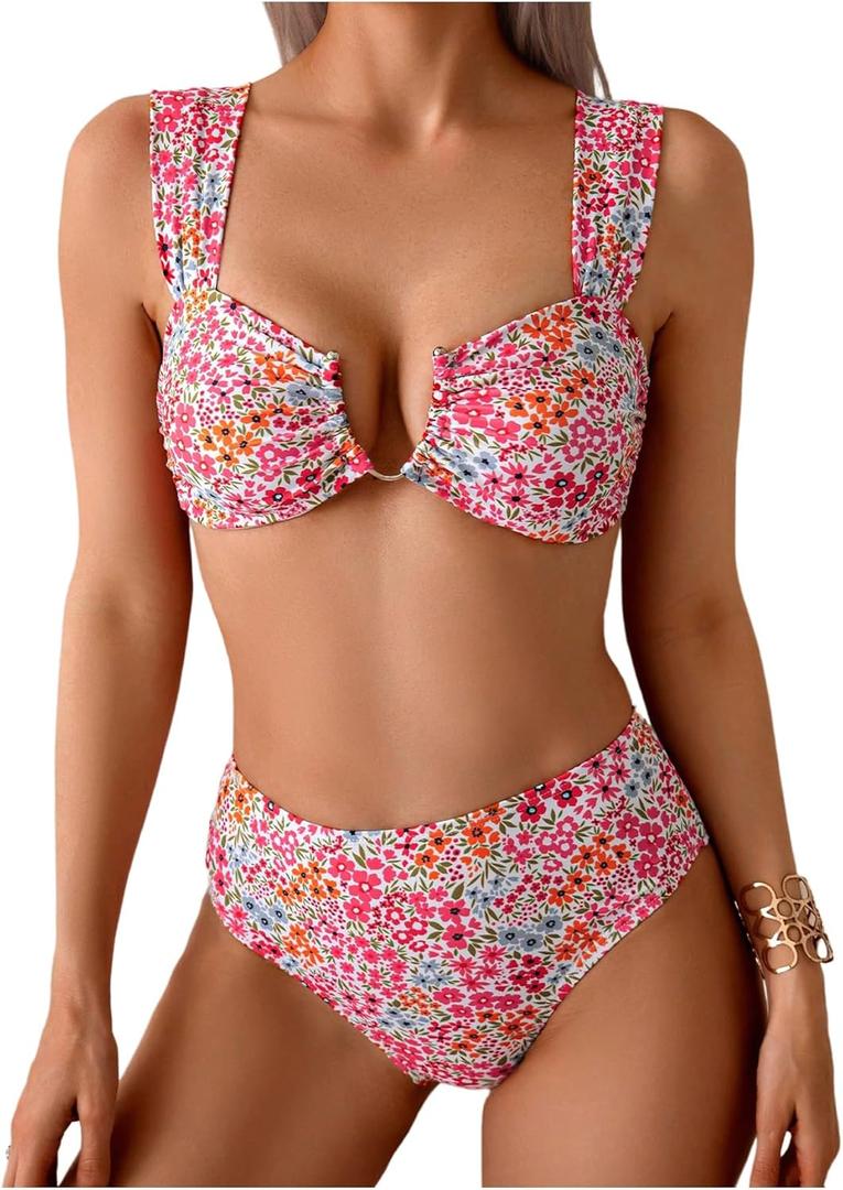 MakeMeChic Women's High Waisted Bikini Sets Floral Swimsuit Bathing Suit Swimwear (Large, Multicolor)