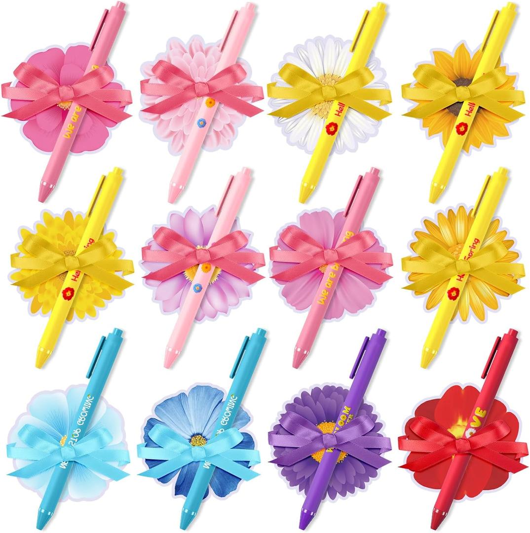 Pasimy 24 Set Flower Sticky Notes and Pens Set Spring Themed Flower Gifts Party Favors Mini Floral Daisy Note Pad Bulk Ballpoint Pen for Easter Women Adults Coworkers(Colorful,Spring)