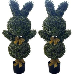 36'' Artificial Bunny-Shaped Topiary Double Ball Tree Pot UV-Resistant Bowknot Easter Decor Faux Boxwood Topiaries Plant for Porch Decor Outdoor/Indoor 2 Pack