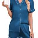 KCW Silk Satin Pajamas for Women Set 2 Piece Pajama Sets Short Sleeve Top and Shorts Pjs Set Button Down Loungewear Dark Blue, Size: 2XL