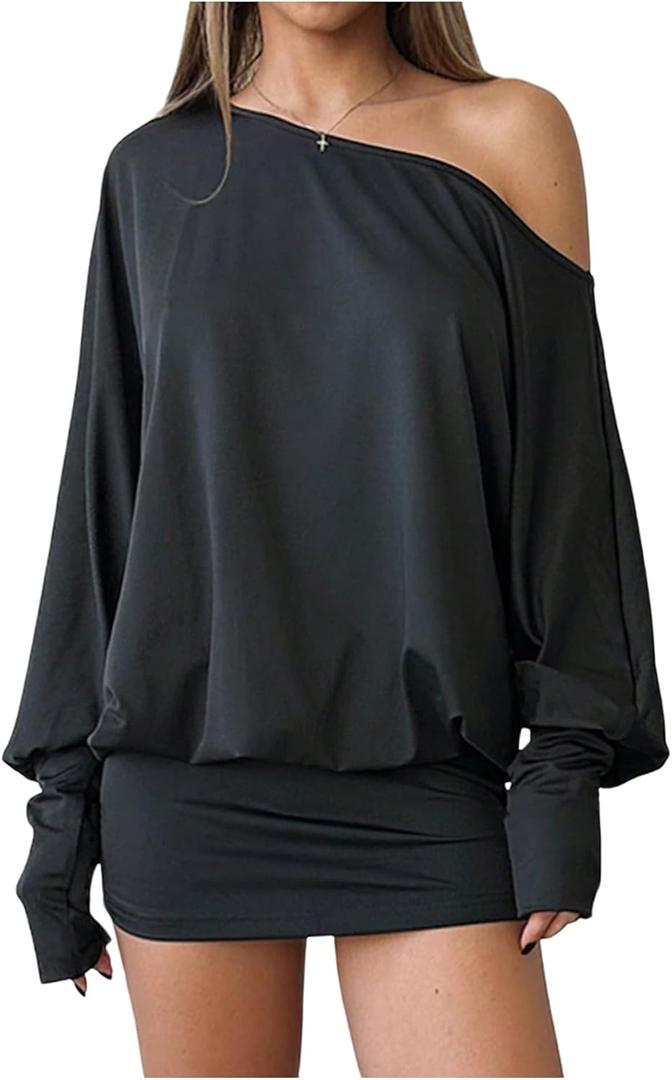 SOLY HUX Women's Long Sleeve Off The Shoulder Dress Y2k Mini Dress Streetwear Music Festival Outfits (Large)
