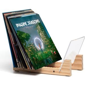 KAIU Vinyl Record Storage Holder - Solid Wood with Crystal Clear Acrylic Holder - Premium Design, Perfect 12" LPs or 7" Singles Display Unit - Stores and Supports up to 50 Albums (Natural)