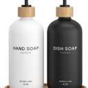 Hand and Dish Soap Dispenser Set,16oz Glass Bottles with Printed Labels, Bamboo Tray & Pump,Countertop Soap Dispensers for Kitchen,Luxury, Minimalist & Farmhouse Decor (Hand Dish (Black/White))