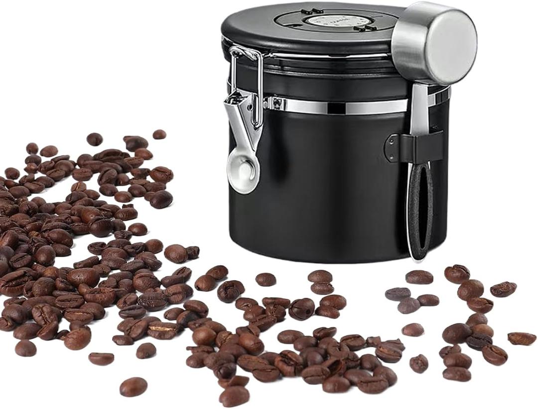 Airtight Coffee Canister With Date Tracker Lid Made From Stainless Steel 1250ml Coffee Storage Container Includes A Measuring Scoop Ideal For Keeping Your Ingredients Fresh (Black, 42fl oz)