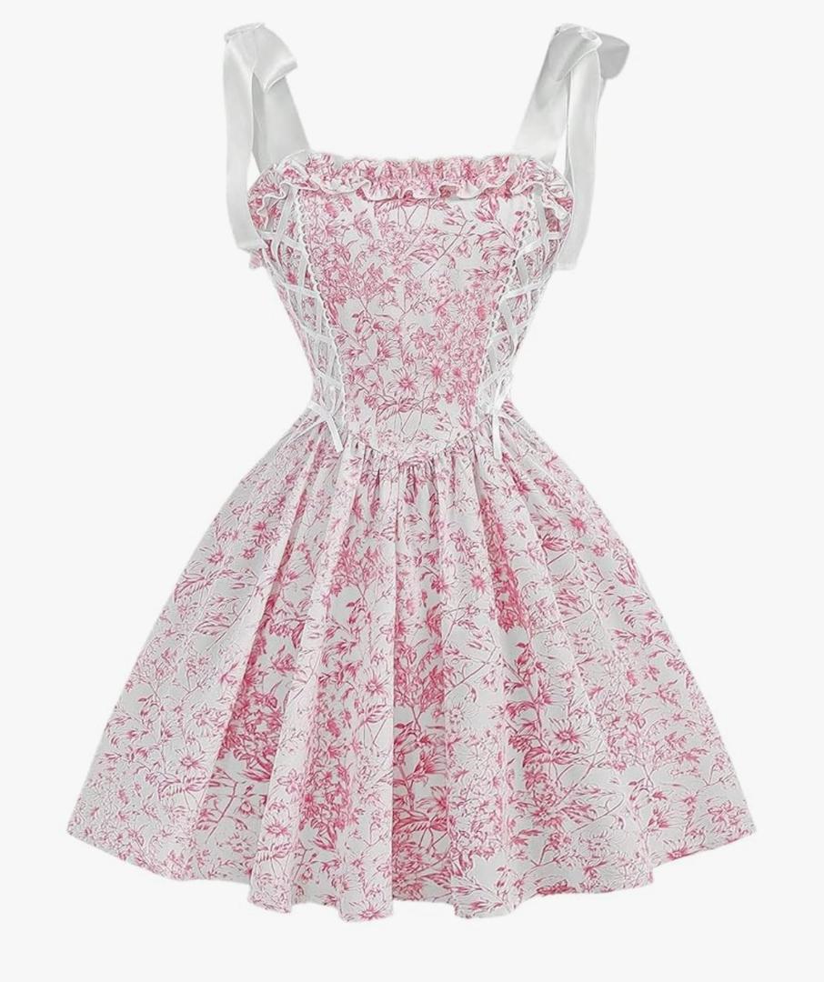 SHENHE Girl's Floral Corset Dress Lace Up Tie Shoulder Smocked Fit and Flare Flowy Sundress, XS