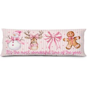 Coquette Pink Snowman Gingerbread Body Pillow Cover 20x54 Inches,It's The Most Wonderful Time of The Year,Preppy Pink and White Bow Xmas Decorative Long Hug Pillow Covers for Couch Bed