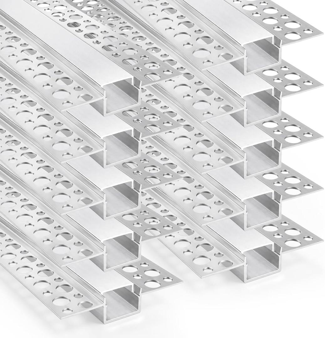 Plaster-in Double Edge Recessed LED Aluminum Channel 10 Pack, 3.3FT/1M Trimless LED Strip Diffuser Profile with Milky Cover for Drywall Ceiling and Wall, Fits up to 12mm LED Strips