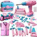 Kids Tool Set 55Pcs Tool Box Toddler Tool Kit for Girls Play Tools Toy with Tool Belt Electronic Toy Drill Safety Vest Pretend Play Construction Toy for Girls Boys Ages 3 4 5 6 7 Years Old (Pink)