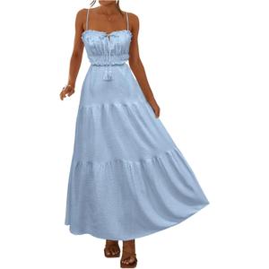 Milumia Women's Graphic Frill Trim Cami Dress Cut Out Back Sleeveless Maxi Summer Dresses (Blue, M)