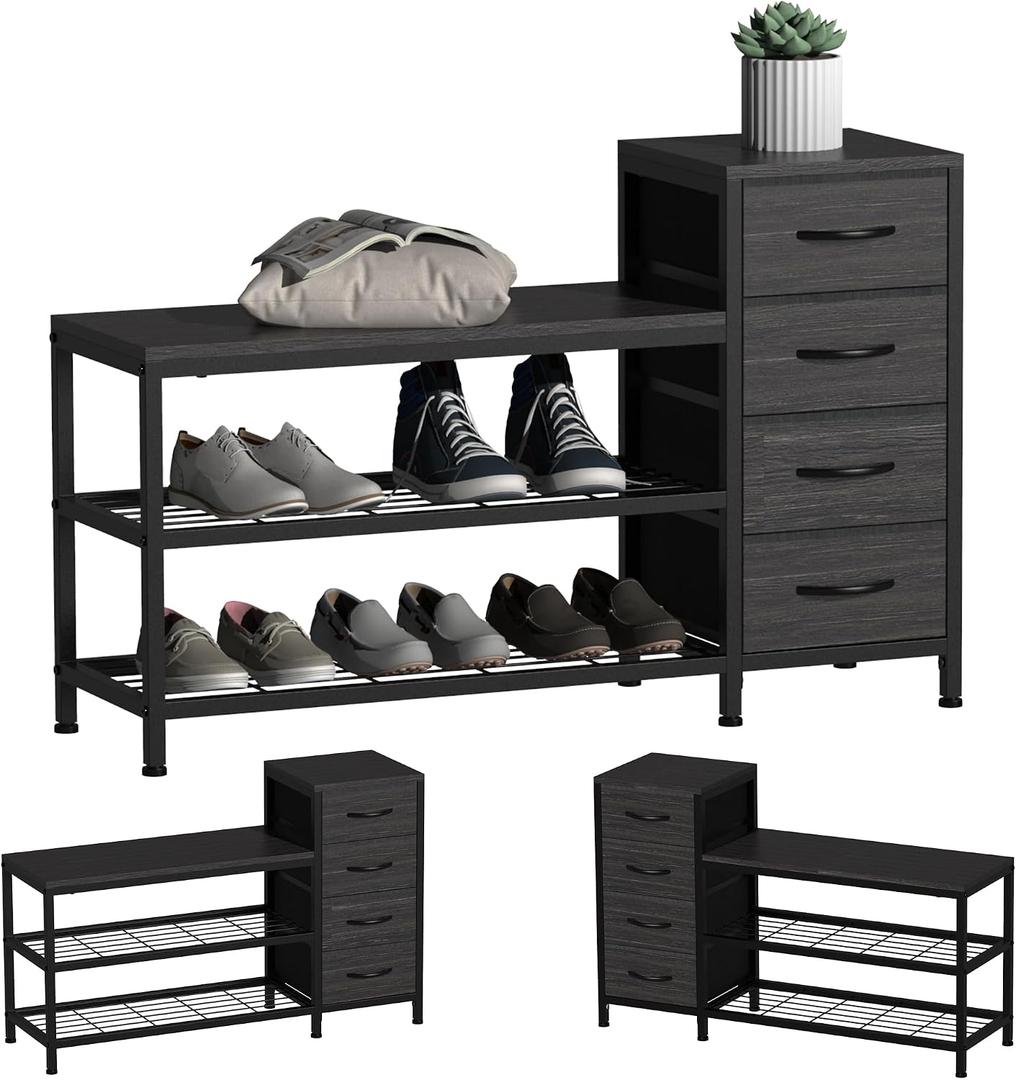 EXOTICA 3 Tier Entryway Bench Shoe Storage Bench with 4 Fabric Drawers Metal Frame and Wooden Board Shoe Rack Bench with Seat for Entryway Hallway Front Door Doorway, Large